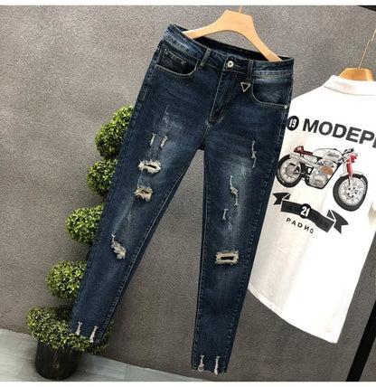 Trendy Unique Holed Men's Jeans Straight Leg Slim Fit Cropped Pants Summer Style Casual Business Fashion Shorts For Men.