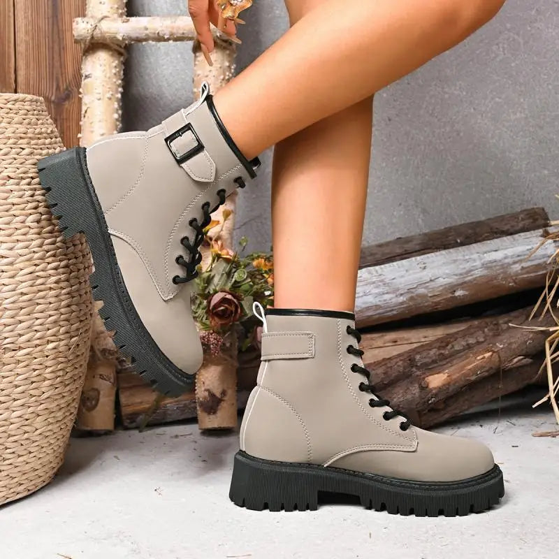Chunky Platform Thick Heel Pink Ankle Boots Women 2025 Winter Punk Thick Bottom Lace Up Motorcycle Boots Metal Buckle Booties.