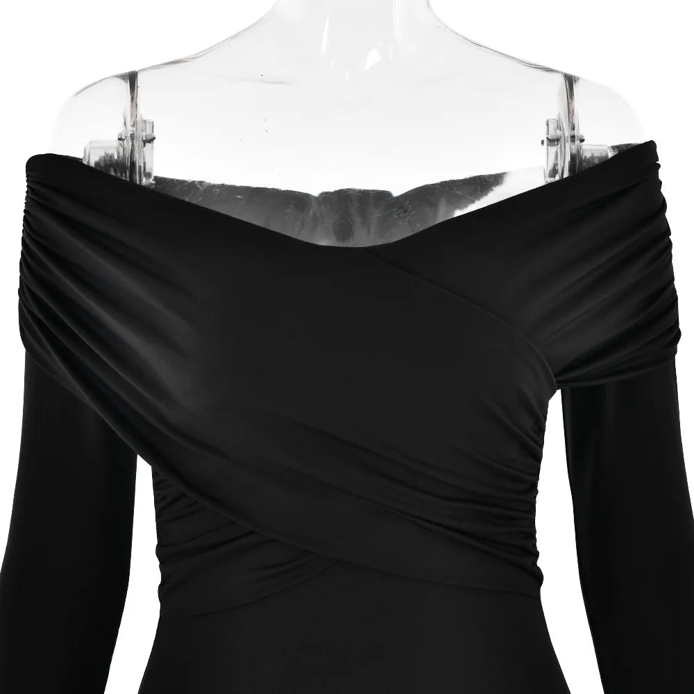Cryptographic Fashion Off Shoulder Ruched Wrap Bodysuits Outfits for Women Elegant Skinny One Piece Long Sleeve Tops Solid.