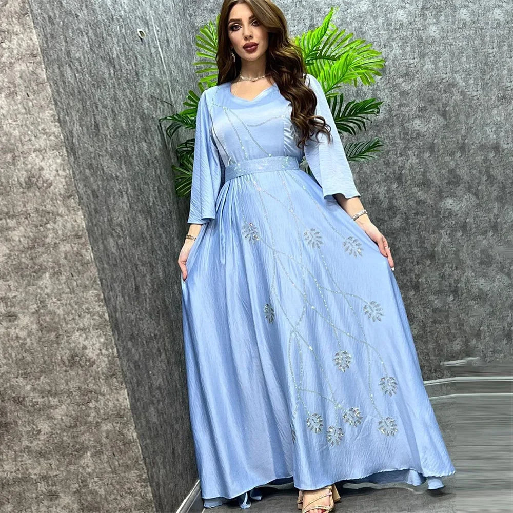 Eid Mubarak Djellaba Femme Diamanten Abaya Frauen Muslimischen Abend Party Kleid Dubai Türkei Kaftan Gürtel Jalabiya Islamische Robe Kleid.