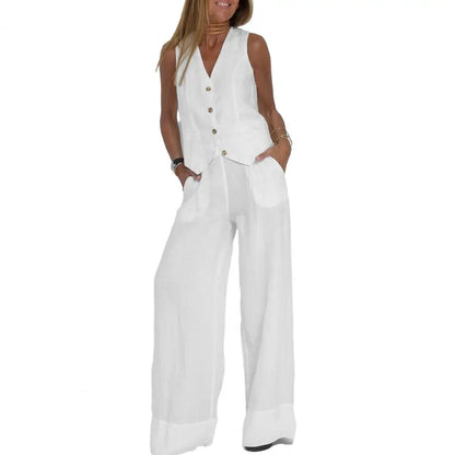 Autumn White Linen Two Piece Set For Women 2023 Fashion Sleeveless Tank Top New In Matching High Waist Wide Pants Set