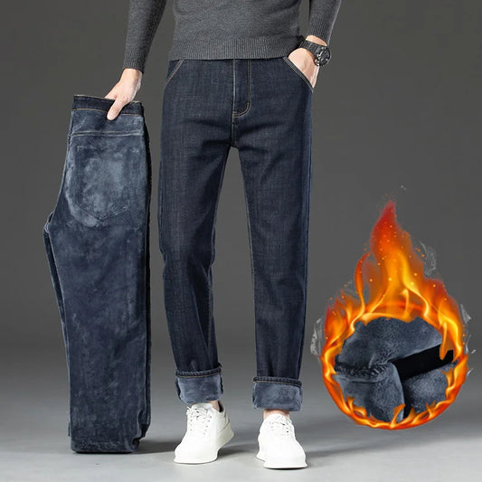 28-40 Large Size Winter Men Plush Thick Fleece Trouser Lambswool Thermal Jeans Casual Pants Windproof Warm Cotton Denim Pants.