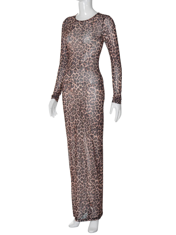 Dulzura 2024 Sexy Elegantes Maxikleid Bedrucktes Leoparden-Langarmkleider Damenkleidung Y2K Lady Party Club Streetwear Urlaub.
