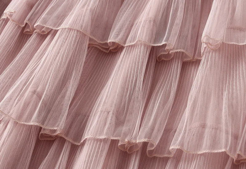 Beiyingni Woman Mesh Long Midi Cake Skirt Solid Color Elegant French Tiered Fairy Tulle Skirts Khaki Casual High Waist Faldas