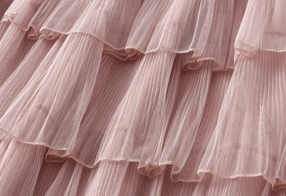 Beiyingni Woman Mesh Long Midi Cake Skirt Solid Color Elegant French Tiered Fairy Tulle Skirts Khaki Casual High Waist Faldas