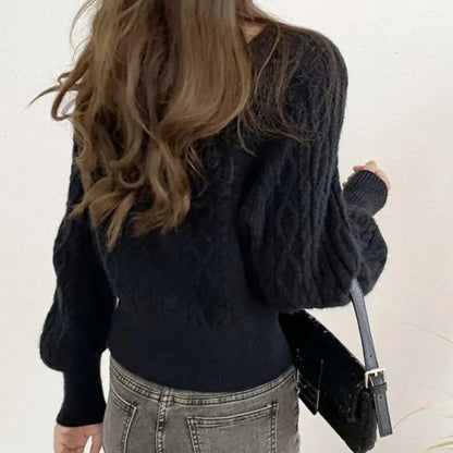 Frauen Square Neck Verdicken Rippe Pullover Laterne Hülse Lose Büro Stricken Pullover Frauen Herbst Winter Casual Feste Warme Pullover.