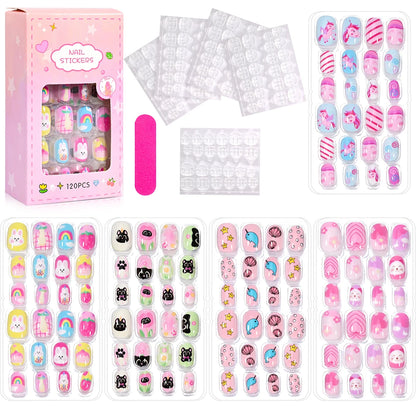 120Pcs Children's Press on Nails Kids Cartoon Acrylic Fake Nails Tips Kawaii Girl Full Cover Short False Nails With Jelly Glue#@.