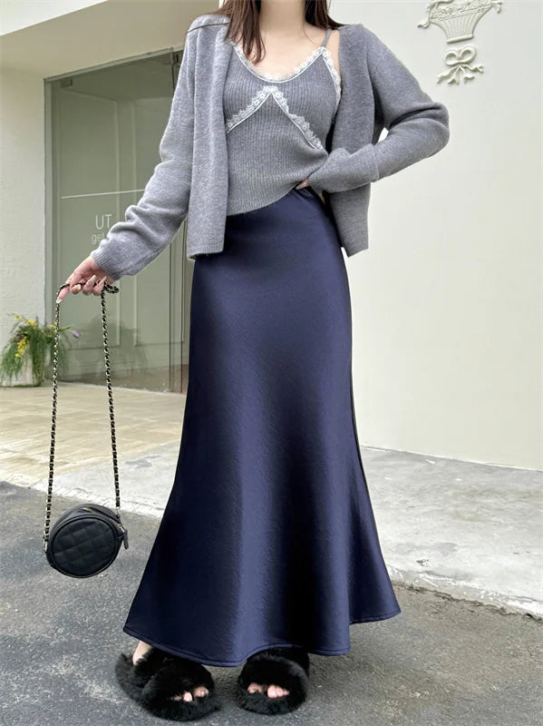 High Waist Women's Fleece-Lined Thickened Elegant Long Skirt Satin Mermaid Skirt Elegant Drapey Bodycon Skirt For Autumn Winter.