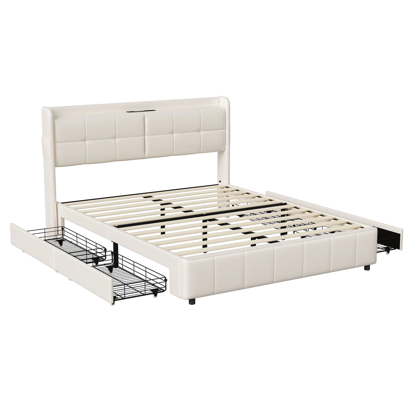 Lazyspace 140 x 200 cm Doppelbett mit 4 Schubladen, weiß gepolstertes Bett, Kopfteil mit Stauraum, USB, PU-Leder, keine Matratze