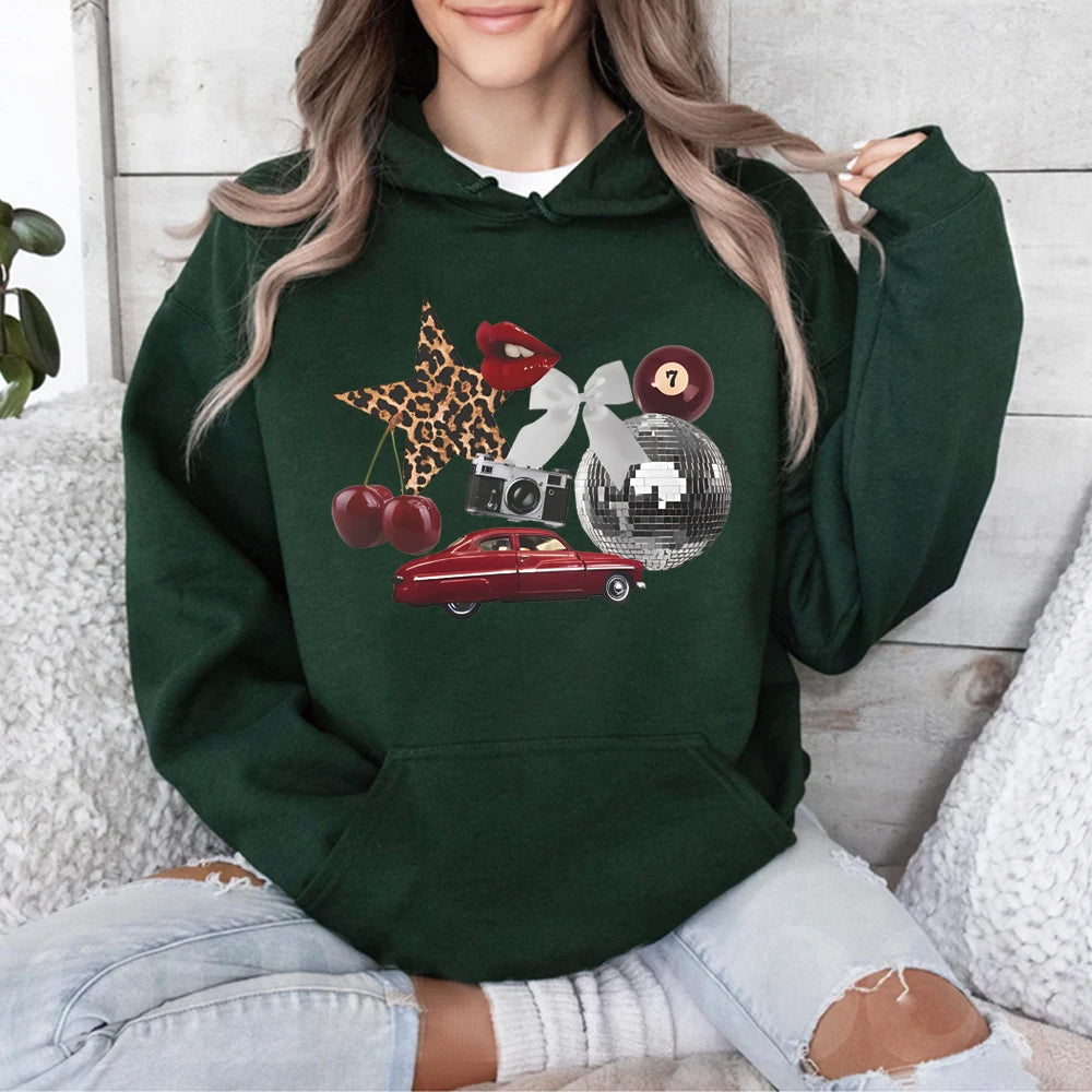 New York Aesthetic Hoodie Leopard Print Star Graphic Sweatshirt  Cherry Girl Pullover Streetwear Y2k Women Long Sleeves Hoodies.