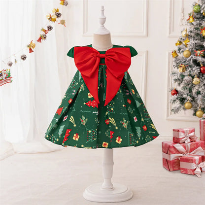 Kleinkind Santa Claus Cartoon Gedruckt Bogen Prinzessin Kleid Infant Weihnachten Thema Party Ballkleid Neugeborenen Nette Charme Kostüme.