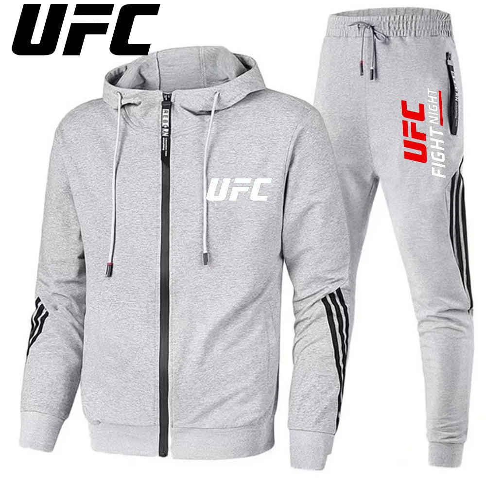 UFC New Frontier Men's Casual Sports Set Fashion Zipper Jacket Running Women's Men's Sports Set UFC Printed Outdoor Hoodie Set.
