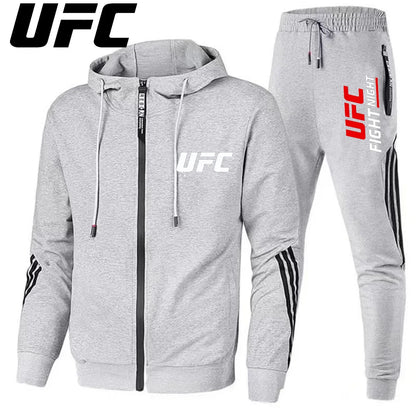 UFC New Frontier Men's Casual Sports Set Fashion Zipper Jacket Running Women's Men's Sports Set UFC Printed Outdoor Hoodie Set.
