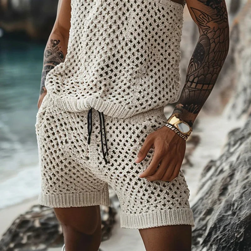 2025 Men's Summer Casual Knit Two-piece Sets Fashion Solid Loose Tank Tops and Shorts Beach Sport Suit Men Hollow Out Streetwear.