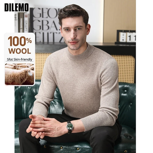 High End 100% Wool Thick New Autum Winter Fashion Brand Pullover Knit Half Turtleneck Business Sweater Casual Men Clothing.