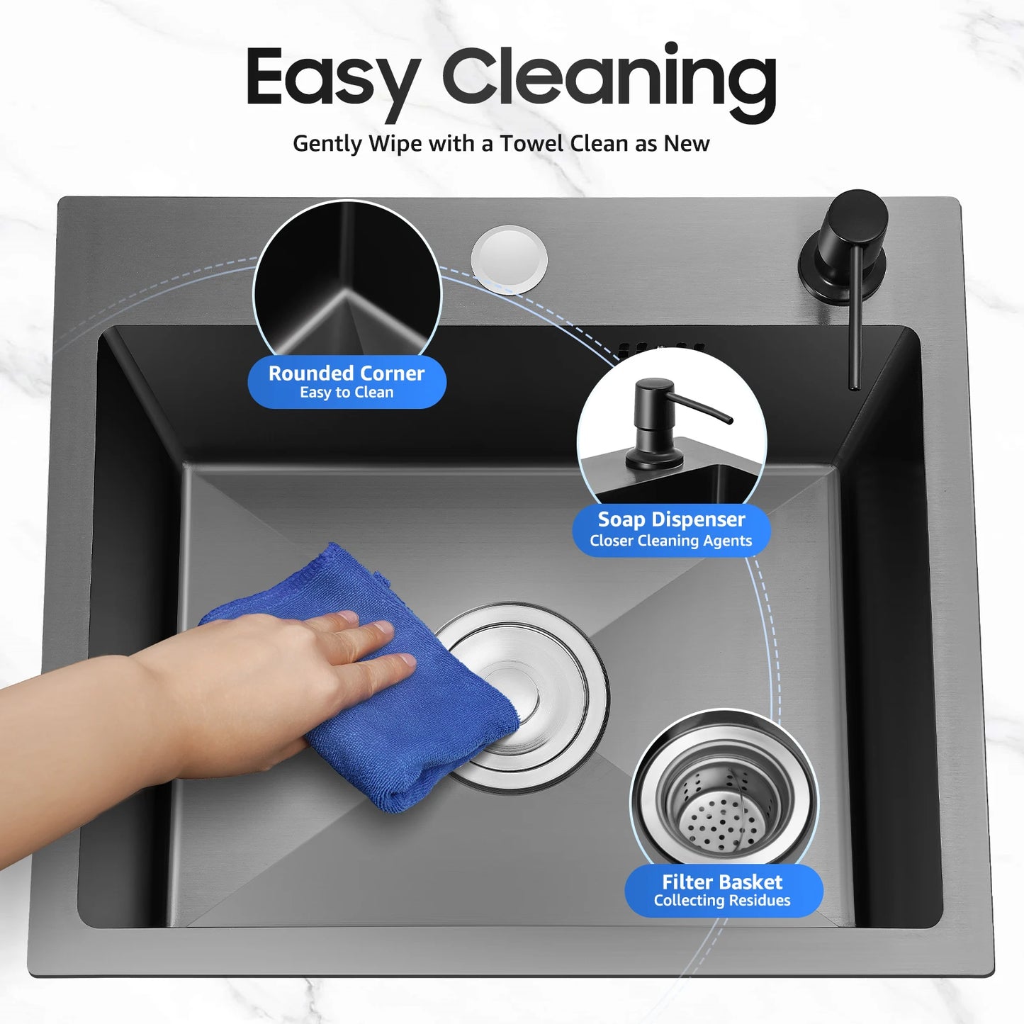 40 x 45 x 20 cm Küchenspüle-Set, Spüle aus Edelstahl 201 mit Abflusskorb und Seifenspender für Küchen, Badezimmer, Waschräume