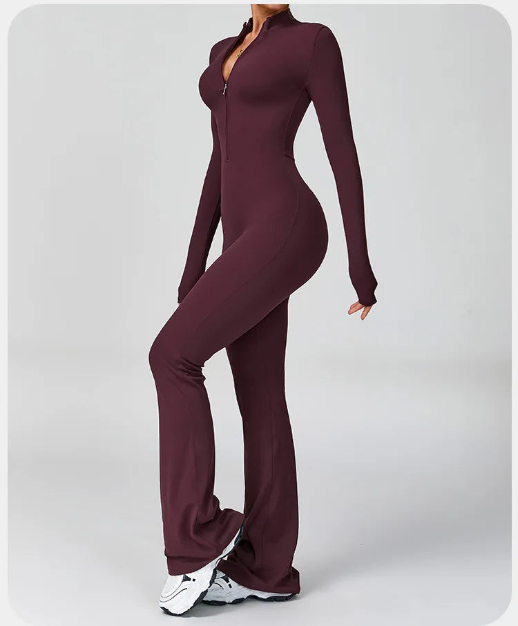 Women's One-piece Yoga Jumpsuit Long Sleeve Zipper Slim Fit Sports Outfit Flare Tights Quick-drying Hip Lift Gym Fitness Clothes.