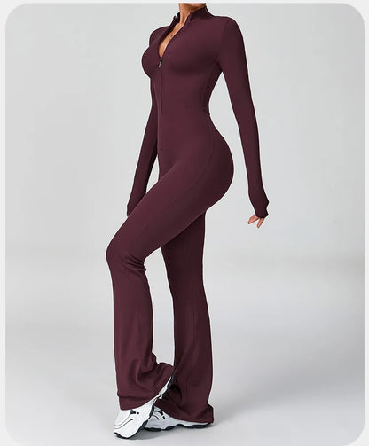 Women's One-piece Yoga Jumpsuit Long Sleeve Zipper Slim Fit Sports Outfit Flare Tights Quick-drying Hip Lift Gym Fitness Clothes.