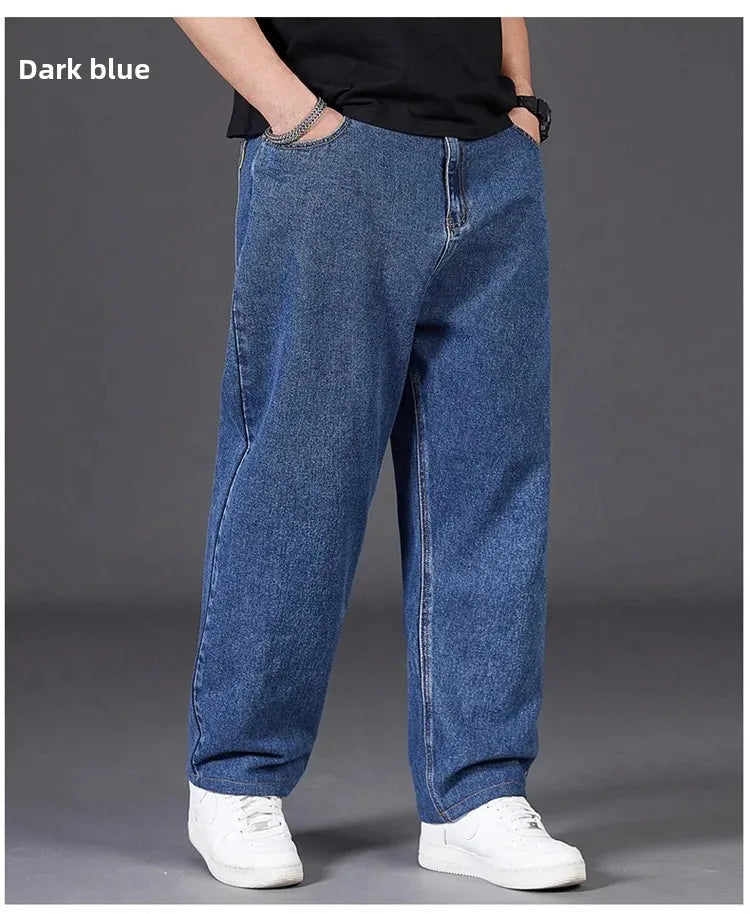 Plus Size Jeans Men's Autumn Loose-Fit Straight-Leg Casual Denim Pants Elastic Waist Wide-Leg Design For Plus Size Men.