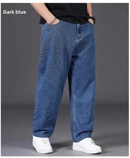 Plus Size Jeans Men's Autumn Loose-Fit Straight-Leg Casual Denim Pants Elastic Waist Wide-Leg Design For Plus Size Men.