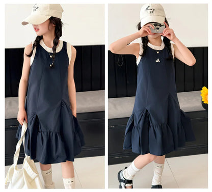 Neues Sommer-Mädchen-Prinzessinnenkleid für Kinder, ärmelloses Kleid mit Rüschen, Design-Kleider für Teenager, Kinder, lässiges Urlaubs-Strandkleid.