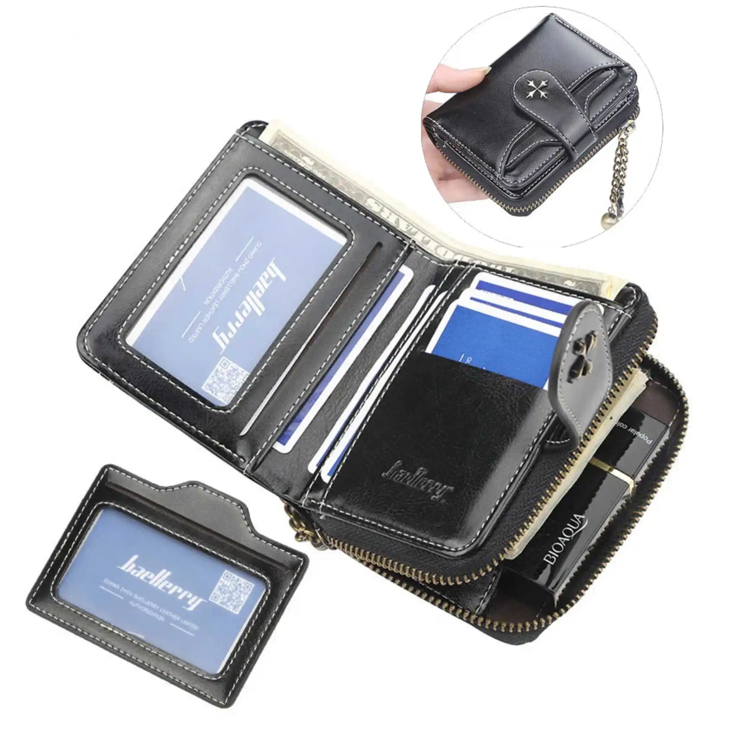 Women's Short Oil Wax Leather Coin Purse Fashion Buckle Zipper Wallet Driver's License Card Bag.