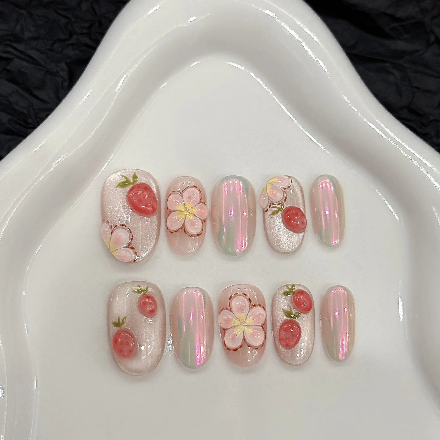 10Pcs Short Handmade Pink Press on Nails Spring French Rhinestone Full Cover Fake Nail Plaid Manicure Wearable Nail Tips Art.