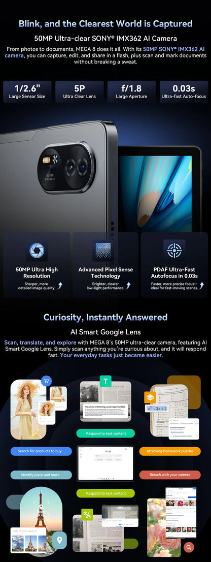 Blackview MEGA 8 Tablet 13‘’ 2K FHD Display, Octa Core T620 Android 15, 12GB RAM, 512GB ROM, 50MP + 13MP Camera, 11000 mAh