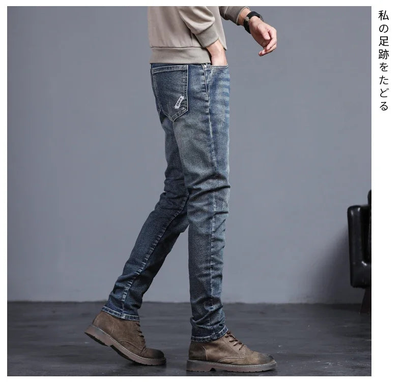 New Men's Vintage Jeans Korean Fashion Slim Little Feet Embroidered Trousers Stretch Male Streetwear Denim Pants.