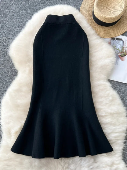 High Waisted Vintage Knitted Skirt Women Ruffled Slit Fishtail Office Midi Skirts Autumn Winter Woolen Skirt.
