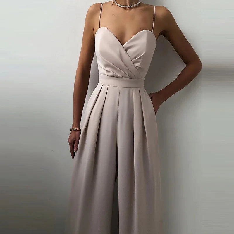 New Spaghetti Strap Slim High Waist Jumpsuits Fashion Ladies Solid Color Office Wide Leg Rompers Elegant Pleated Simple Playsuit.