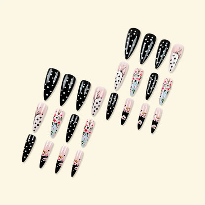 24pcs/set Medium long square fake nails for women girls cute heart flowers feather butterfly design press on false nail art tips.