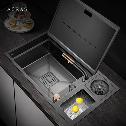 ASRAS Nanometer Hidden Flip Cover kitchen Island Sink 4mm Thickness Handmade Cup Rinser And Trash Can Kitchen Sinks