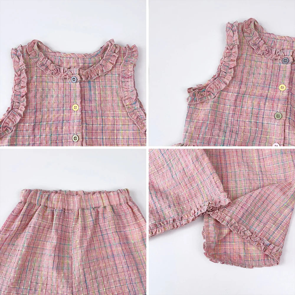 Pink Girl's Summer Two-piece Set with Single Breasted Sleeveless Top and Casual Pants, New Children's Sets Kids Clothes.