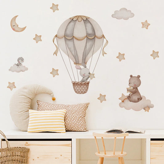 Cartoon Hot Air Balloon Animals Bear Rabbits Wall Stickers for Child Room Boy Room Decoration Nursery Baby Room Decoration Decal.
