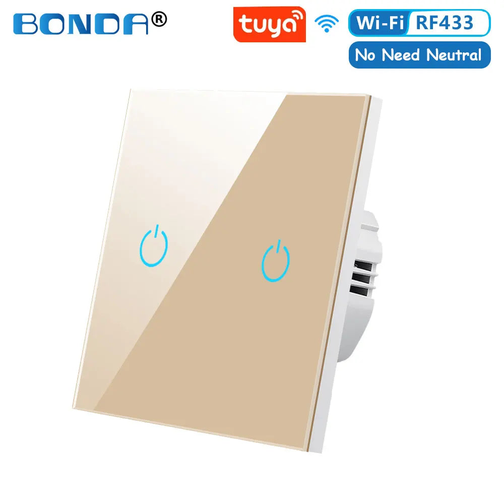 BONDA Smart Switch Alexa RF433 Keine neutrale Tuya-Steuerung funktioniert mit Google 1/2/3 Gang Smart Life Home Light WiFi Touch Switches 86