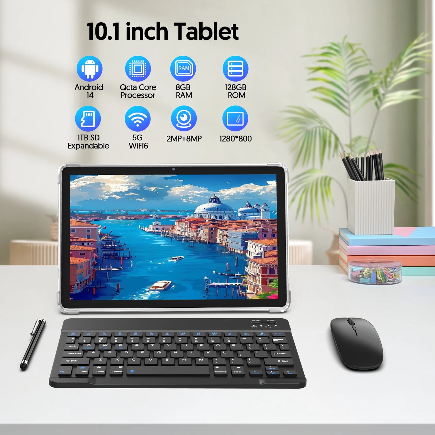 Android 14 tablet, with keyboard, mouse, protective case, stylus, 8(4+4) GB+128GB, octa-core processor, GMS certification.