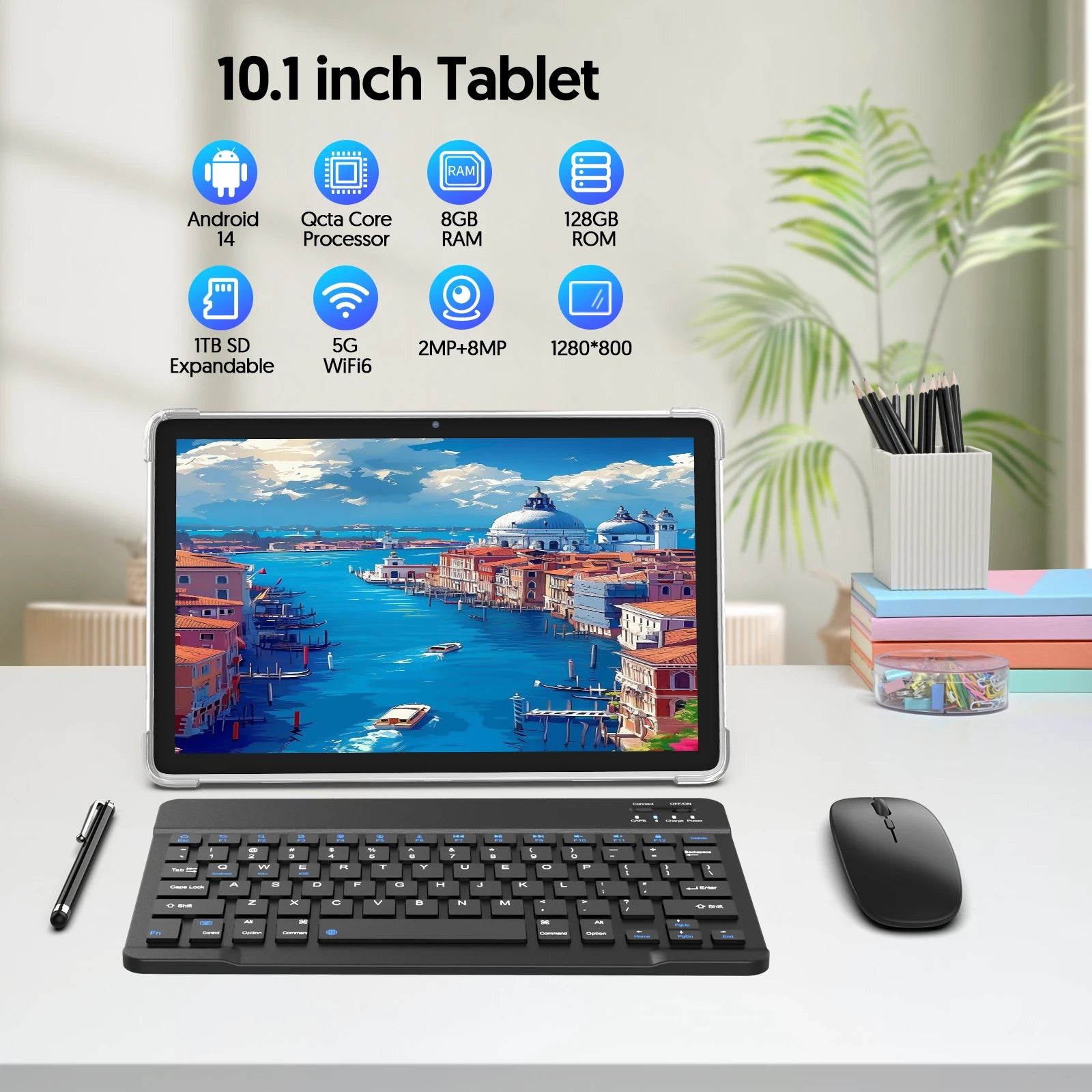 Android 14 tablet, with keyboard, mouse, protective case, stylus, 8(4+4) GB+128GB, octa-core processor, GMS certification.