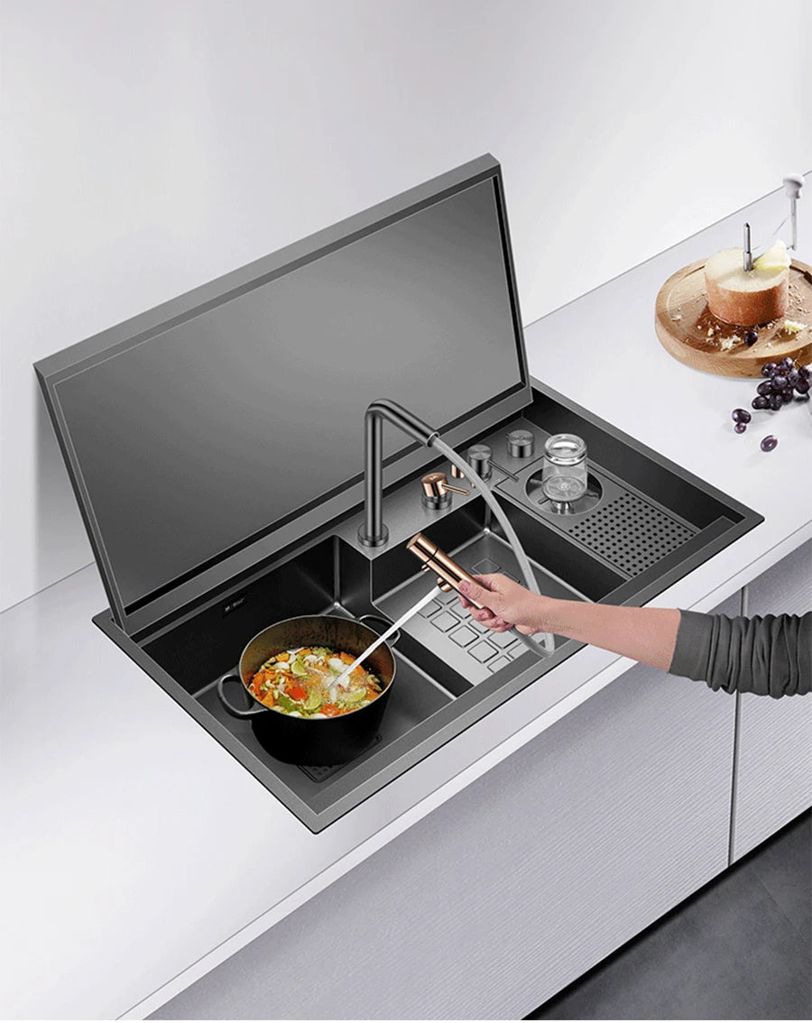 ASRAS Large Size Flip Cover Hidden Island Kitchen Sink 304 Stainless Steel 4mm Thickness Handmade Stepped Sink Cup Rinser Sinks