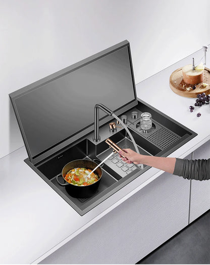 ASRAS Large Size Flip Cover Hidden Island Kitchen Sink 304 Stainless Steel 4mm Thickness Handmade Stepped Sink Cup Rinser Sinks