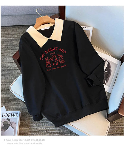 175kg plus size Damen büste Frühling Herbst loser Polo kragen Kaninchen besticktes Sweatshirt schwarz weiß 5xl 6xl 7xl 8xl 9xl