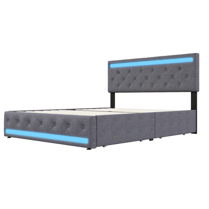 Comanlai 140 x 200 cm/160 x 200 cm/180 x 200 cm Doppelbett mit LED-Licht und 4 Schubladen, gepolstertes Bett mit USB-Ladeanschluss, Leinen