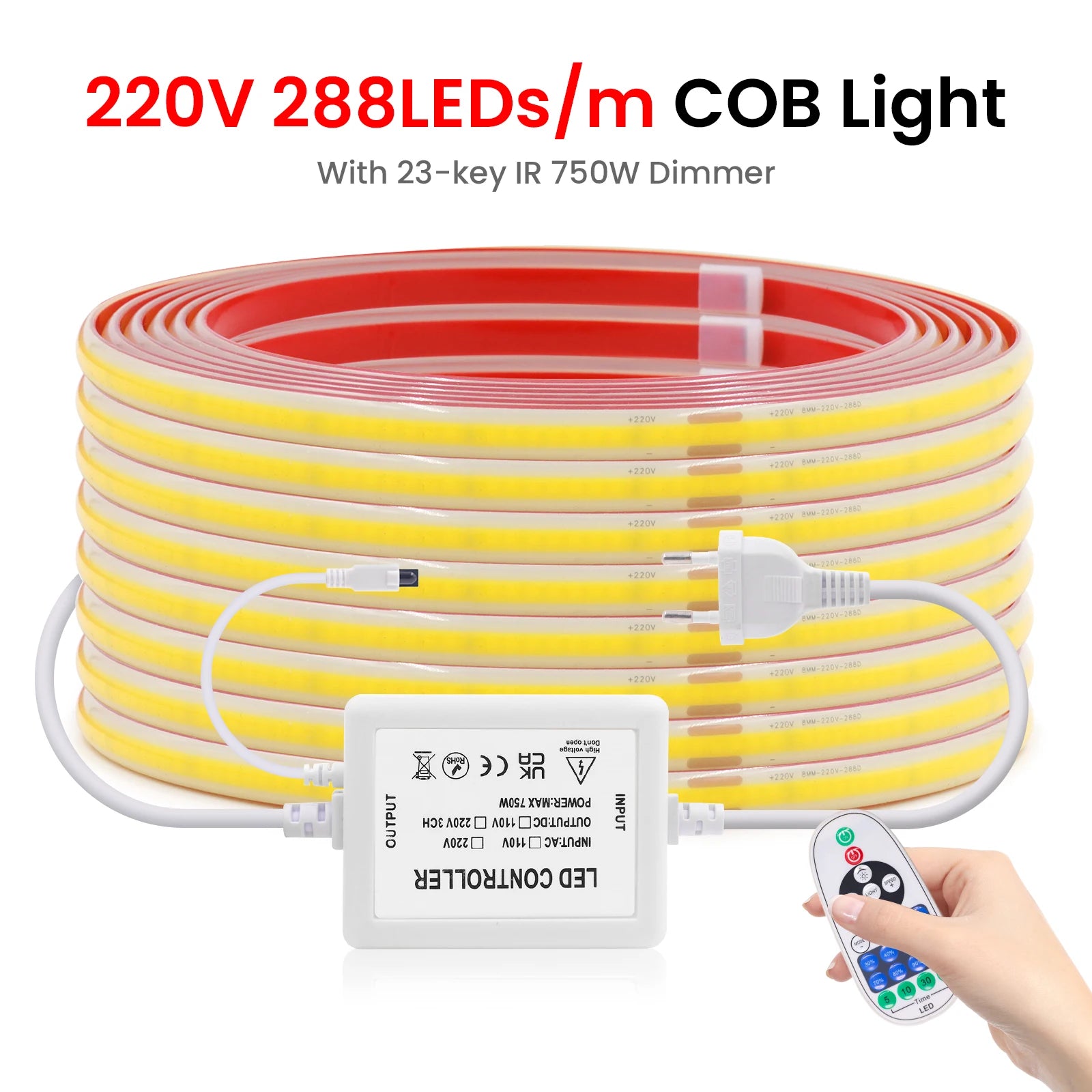 COB LED Strip Dimmable 220V 288LEDs/m Wall Touch Wifi Bluetooth Remote Control Power Kit Waterproof Silicone Tube Adhesive Tape.