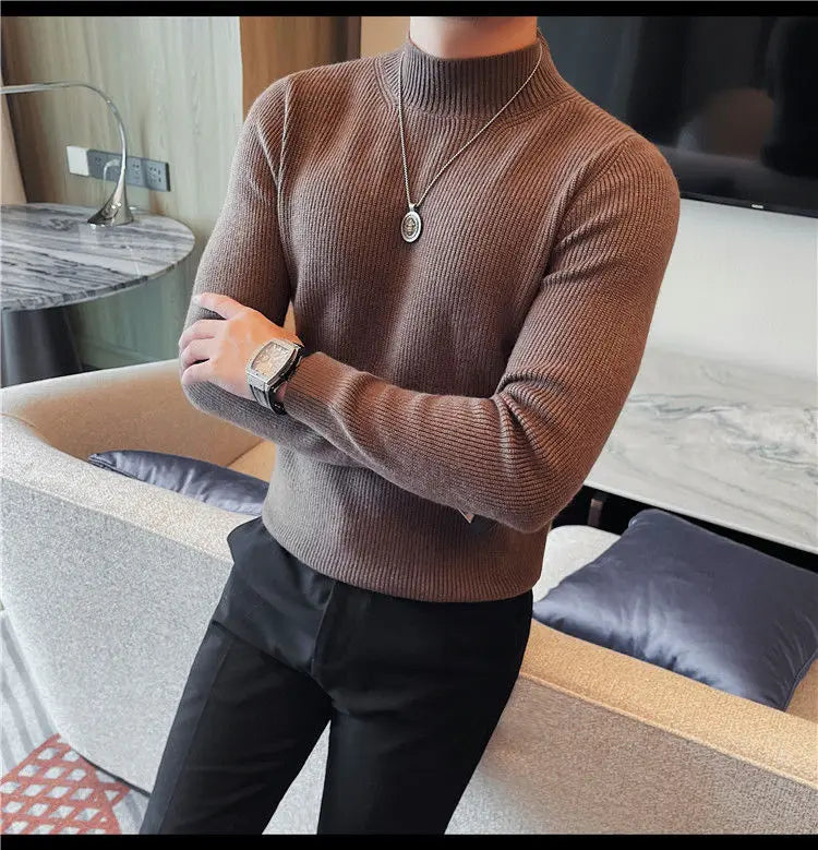 Half Turtleneck Sweater Men with Striped Wool in Autumn Winter Thickened Slightly Loose Base Knitted
