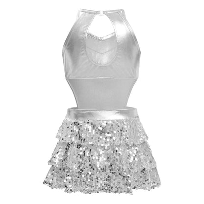 Teenager Mädchen Cha-Cha Jazz Latin Dance Samba Rumba Tango Performance Kostüm ärmelloses metallisch glänzendes Pailletten-Bodykleid mit Ausschnitt.
