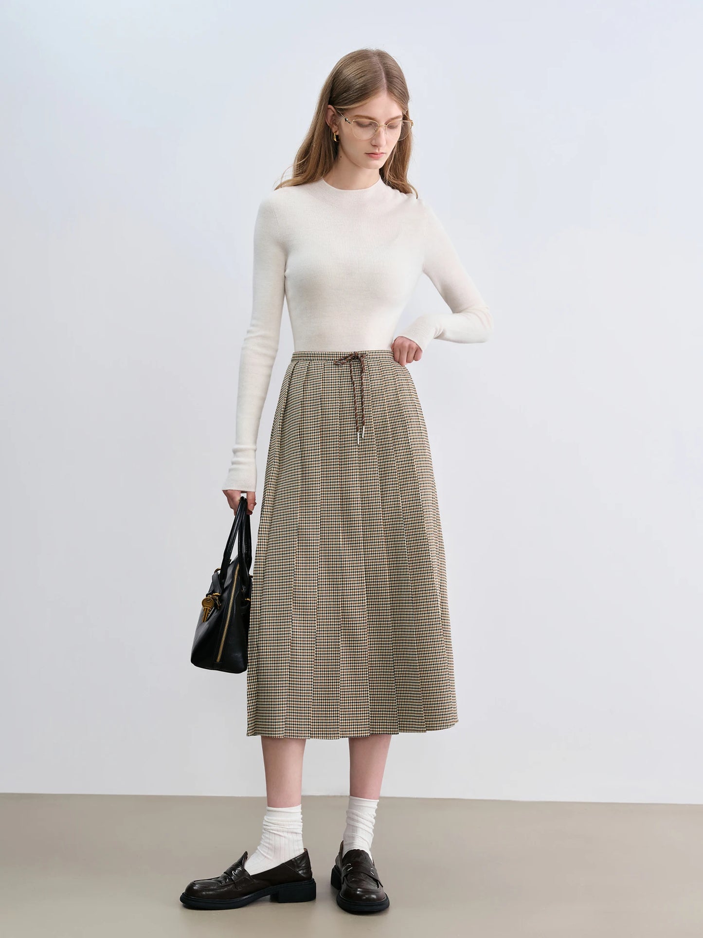 ZIQIAO Houndstooth Pleated Skirt Women's 2025 Autumn New Style College Style Pattern Versatile Casual Mid-length Skirt 25ZQ93064.
