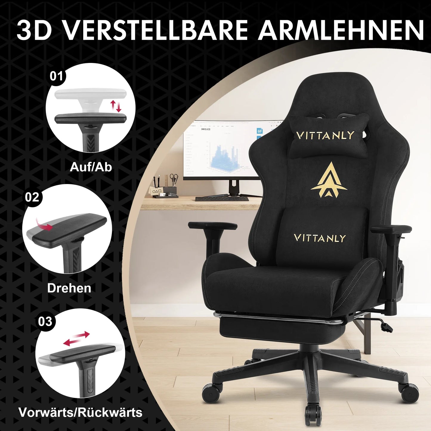 KITINJOY Gaming-Stuhl für Erwachsene mit Fußstütze, Lordosenstütze, Stoff, Computer-Bürostuhl, hohe Rückenlehne, ergonomischer Gamer-Stuhl
