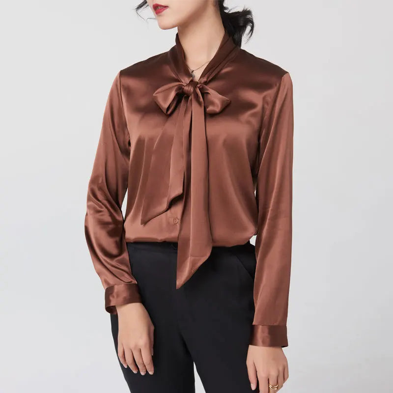Heavyweight Mulberry Silk Shirt Women's 2025 Spring And Autumn New Long Sleeve Satin Silk Blouse V-neck Bow Ribbon Shirt.