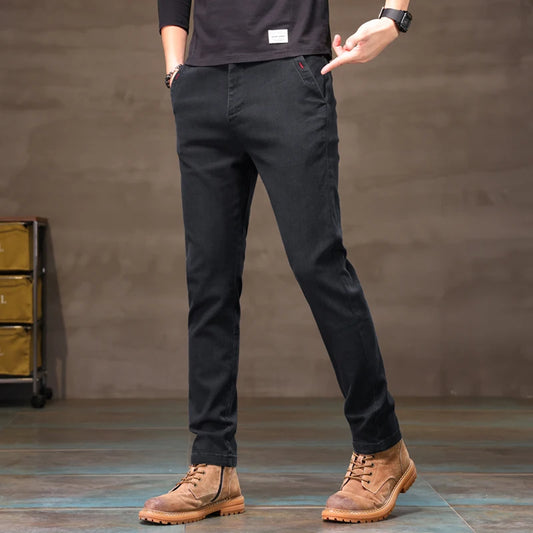 Men's Business Casual Pants Stretch Slim Fit Straight Semi-elastic Waist Trousers Solid Classic Office Work Male Clothing.