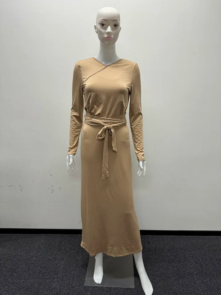 New Autumn Woman Long Sleeve Dress Suit Solid Color Tie With Bow Top And Milk Silk Knit Suspenders Dress Elegant Female Outwear.